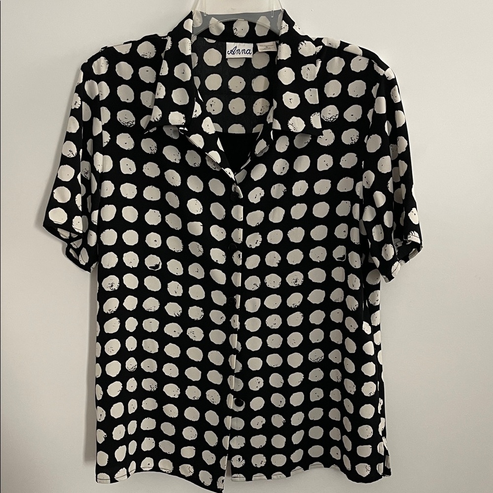 Black and White Polka Dot Short Sleeve Blouse Attached Shell Women's Size Small